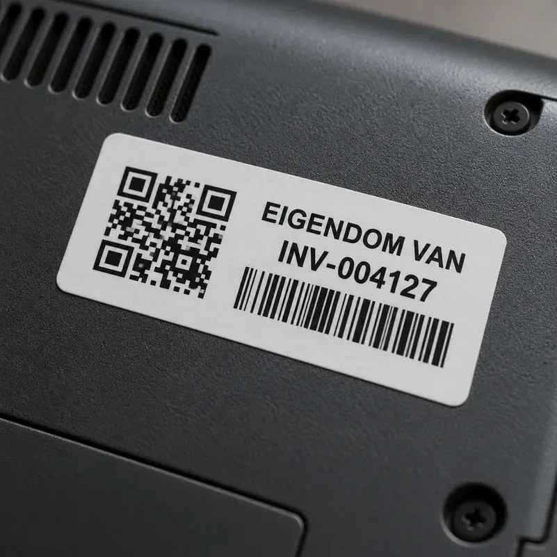 Inventarissticker met QR-code en volgnummer op een apparaat