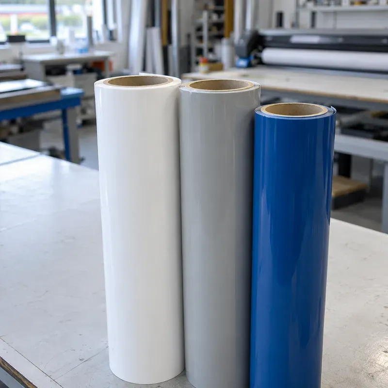 Rolls of vinyl film in white, grey and blue.