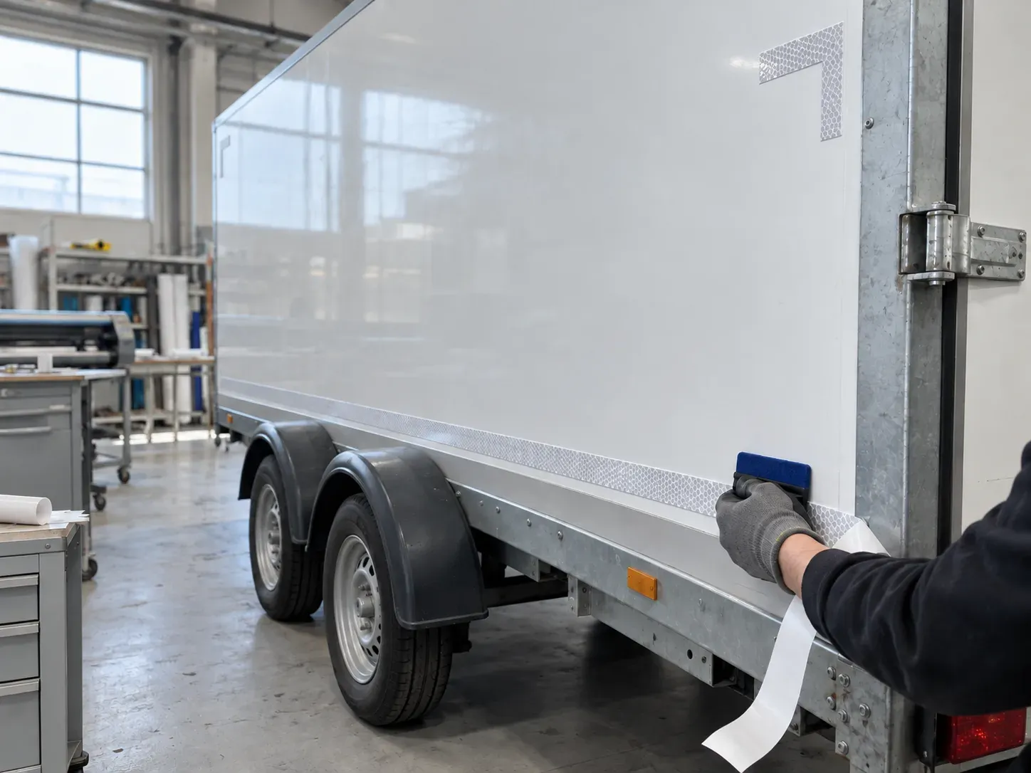 A gloved hand with a squeegee applying white reflective contour marking tape along the lower edge of a white trailer.