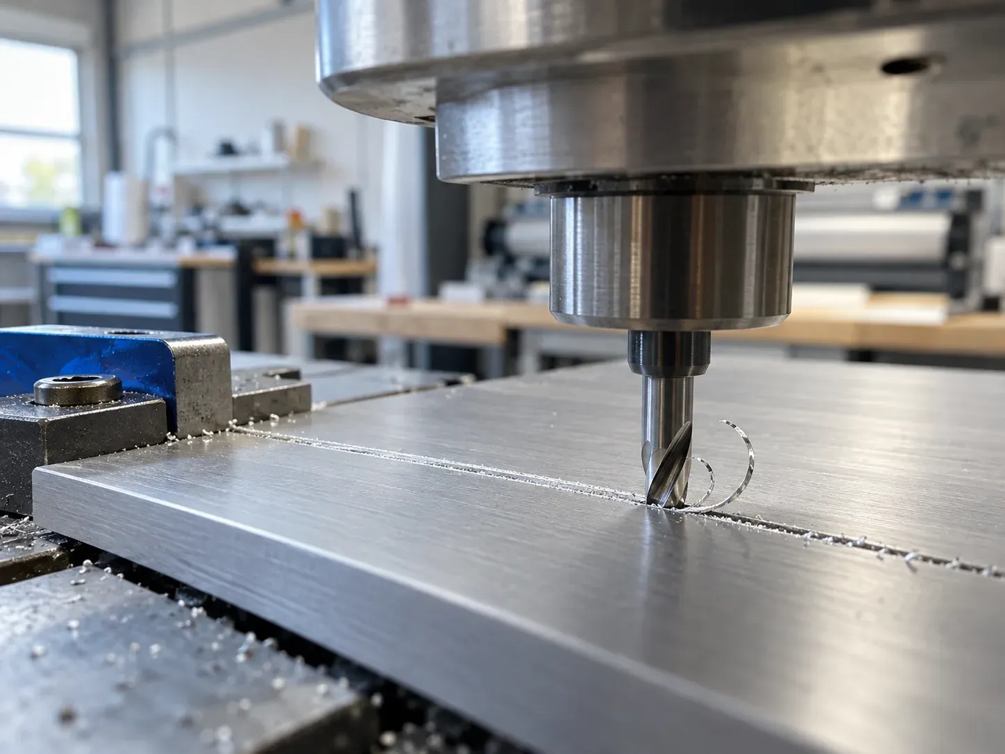 Close-up of a cutter milling a groove into an anodised aluminium plate.