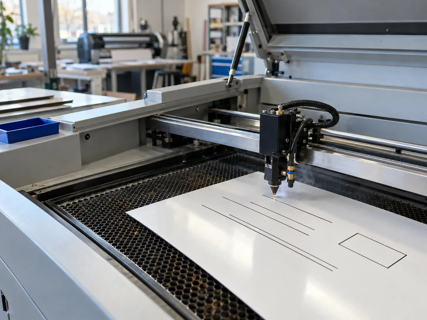 A CO2 laser head engraving lines through the white top layer of two-layer engraving plastic.