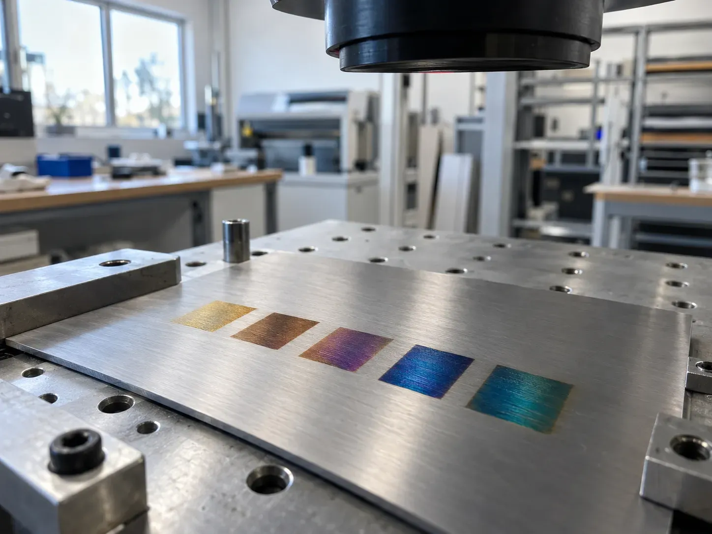 Gold, bronze, purple, blue and teal fields colour-marked on stainless steel with a MOPA laser.