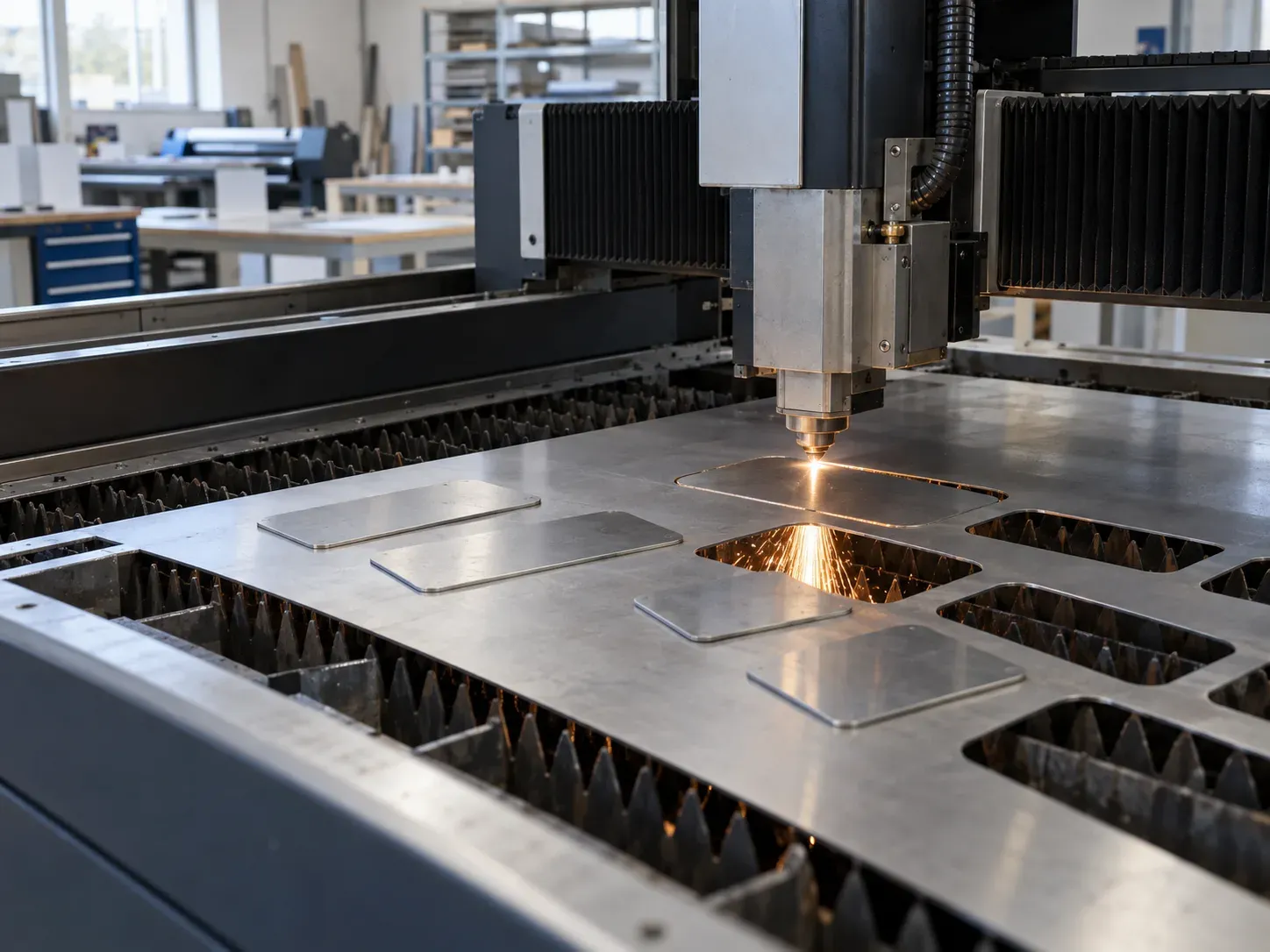 A fiber laser cutting stainless steel blanks from a sheet on a slatted table.