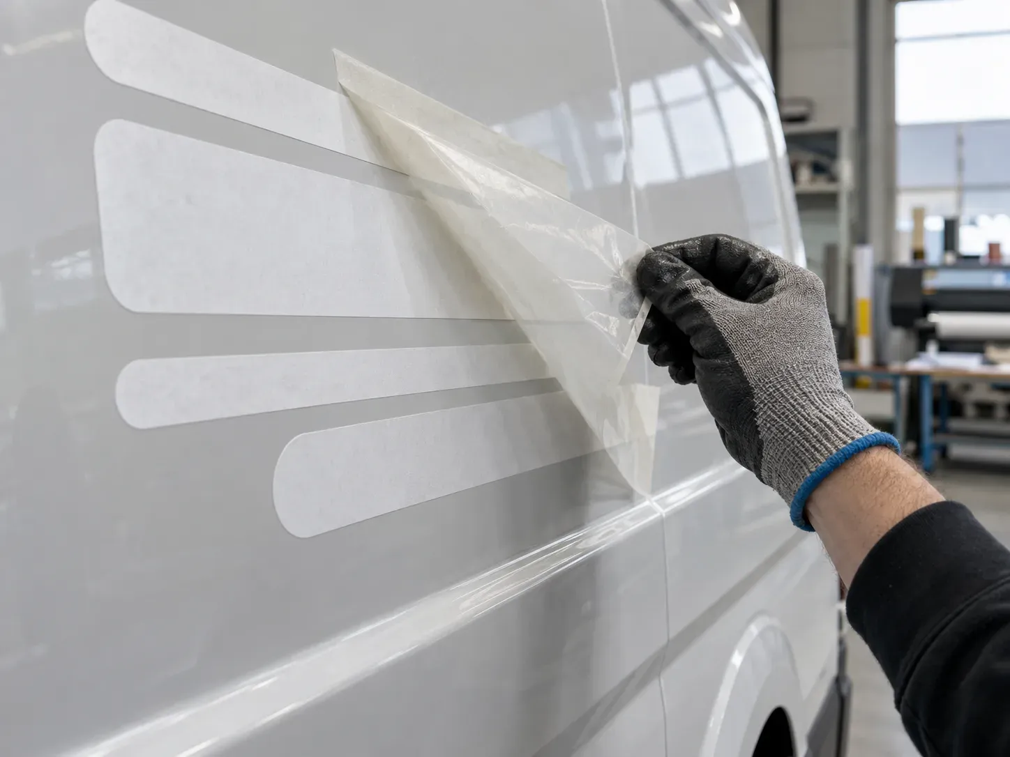 Cut film being applied from transfer tape to a white van.