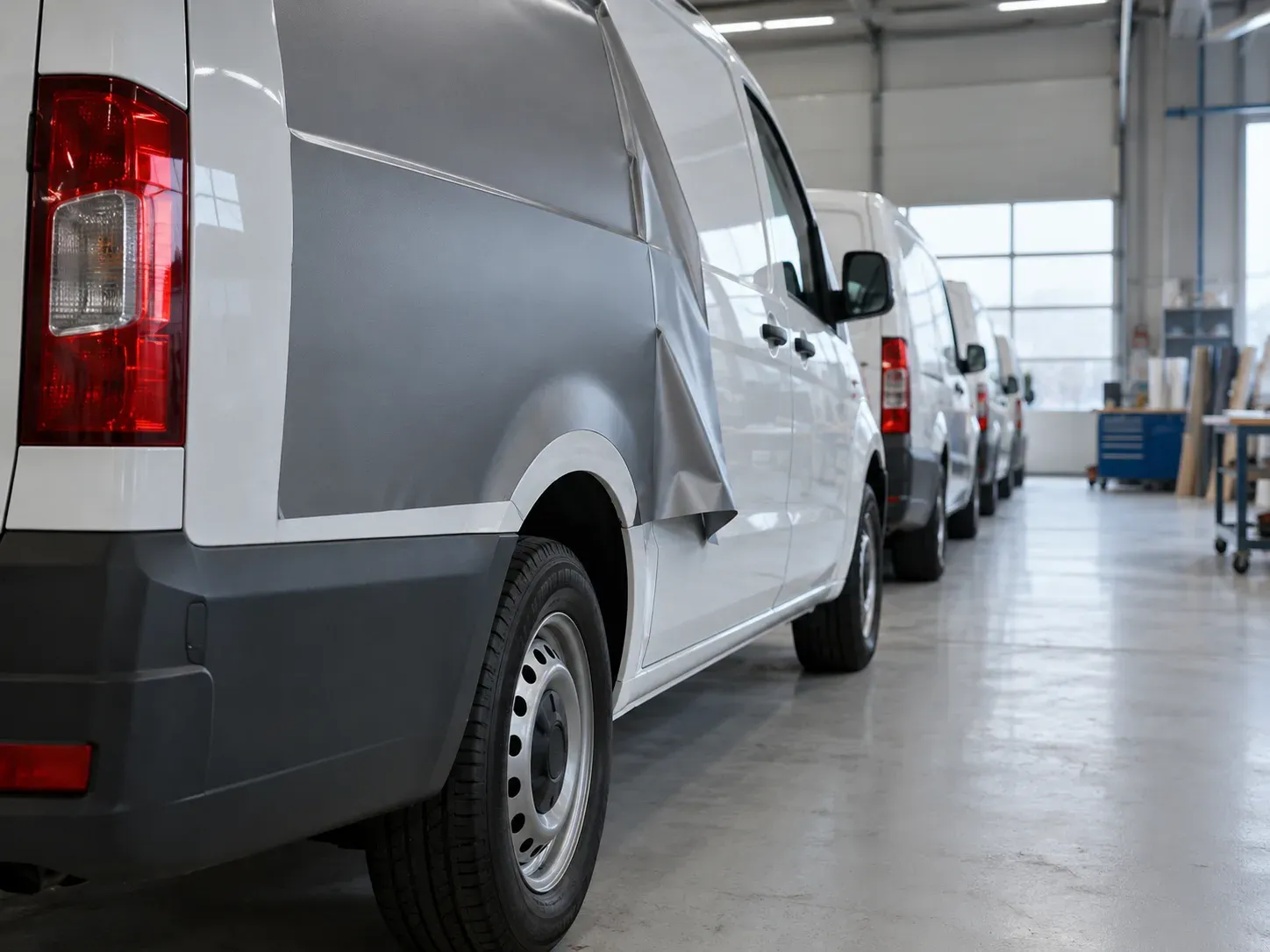 Row of identical white vans, the nearest partly covered in plain grey wrap film.