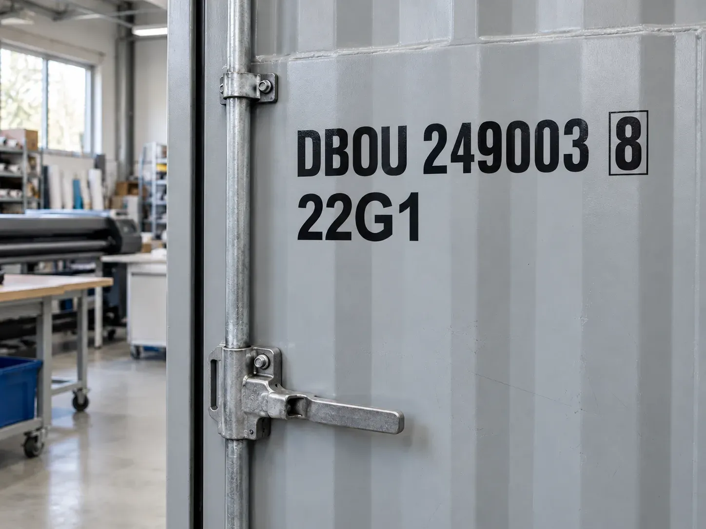 Container door with container number DBOU 249003 8 and size & type code 22G1 in cut vinyl characters.