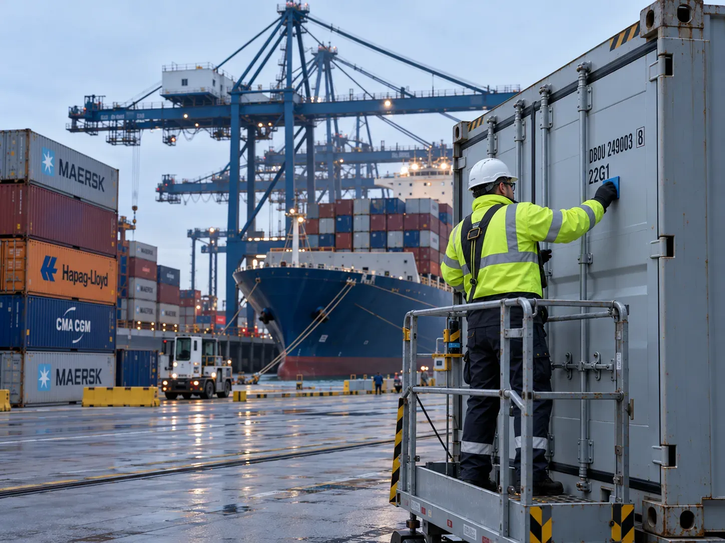 A technician on a work platform applying container number DBOU 249003 8 and size & type code 22G1 to a container door at a terminal.