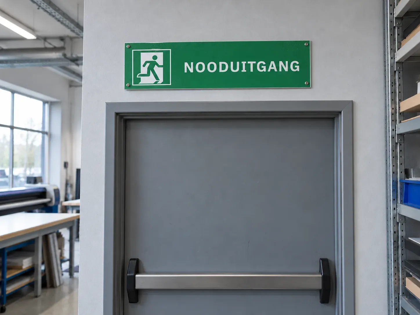 Groen nooduitgangbord met ISO 7010-pictogram E002 boven een deur in de werkplaats.