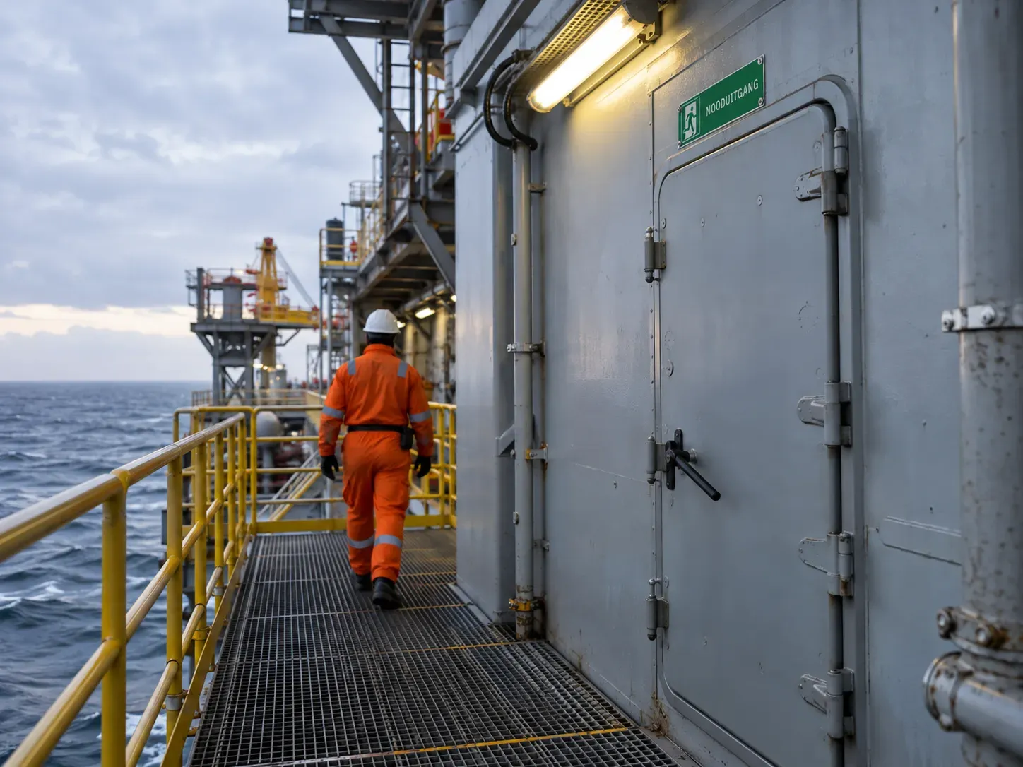 Groen nooduitgangbord met ISO 7010-pictogram E002 boven een waterdichte deur op een offshoreplatform.