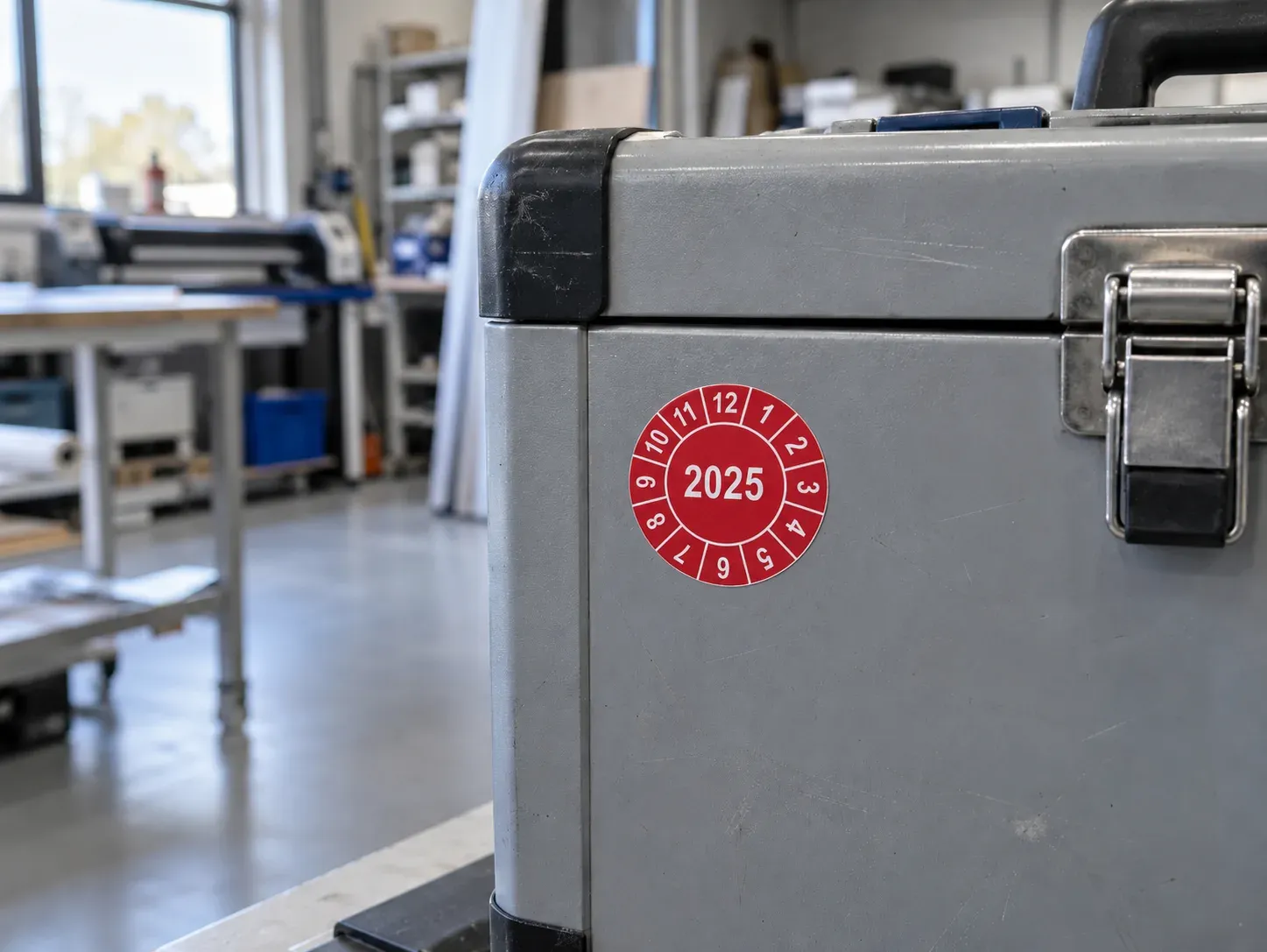 Rode ronde keuringssticker met jaartal 2025 en maanden 1 tot 12 op een grijze gereedschapskist.