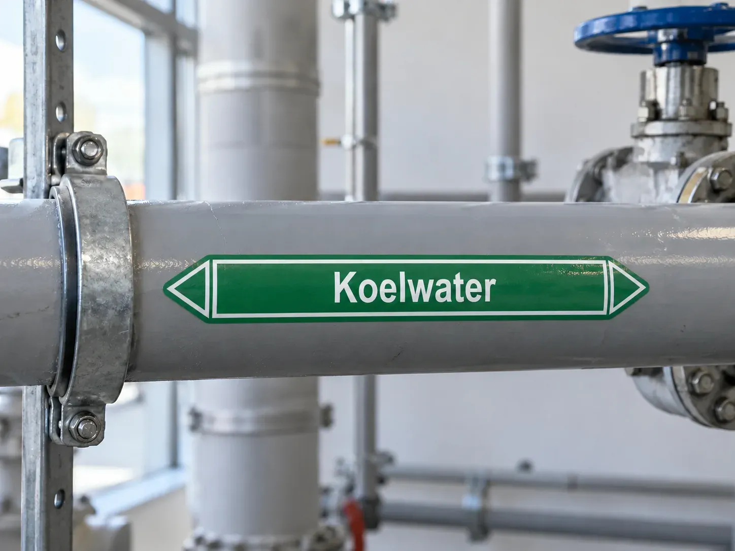 Groene leidingmerker met pijlpunten en de tekst Koelwater op een grijze leiding.