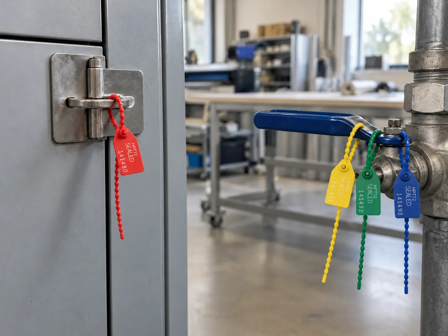 Red, yellow, green and blue numbered pull-tight seals on a cabinet hasp and a valve handle.