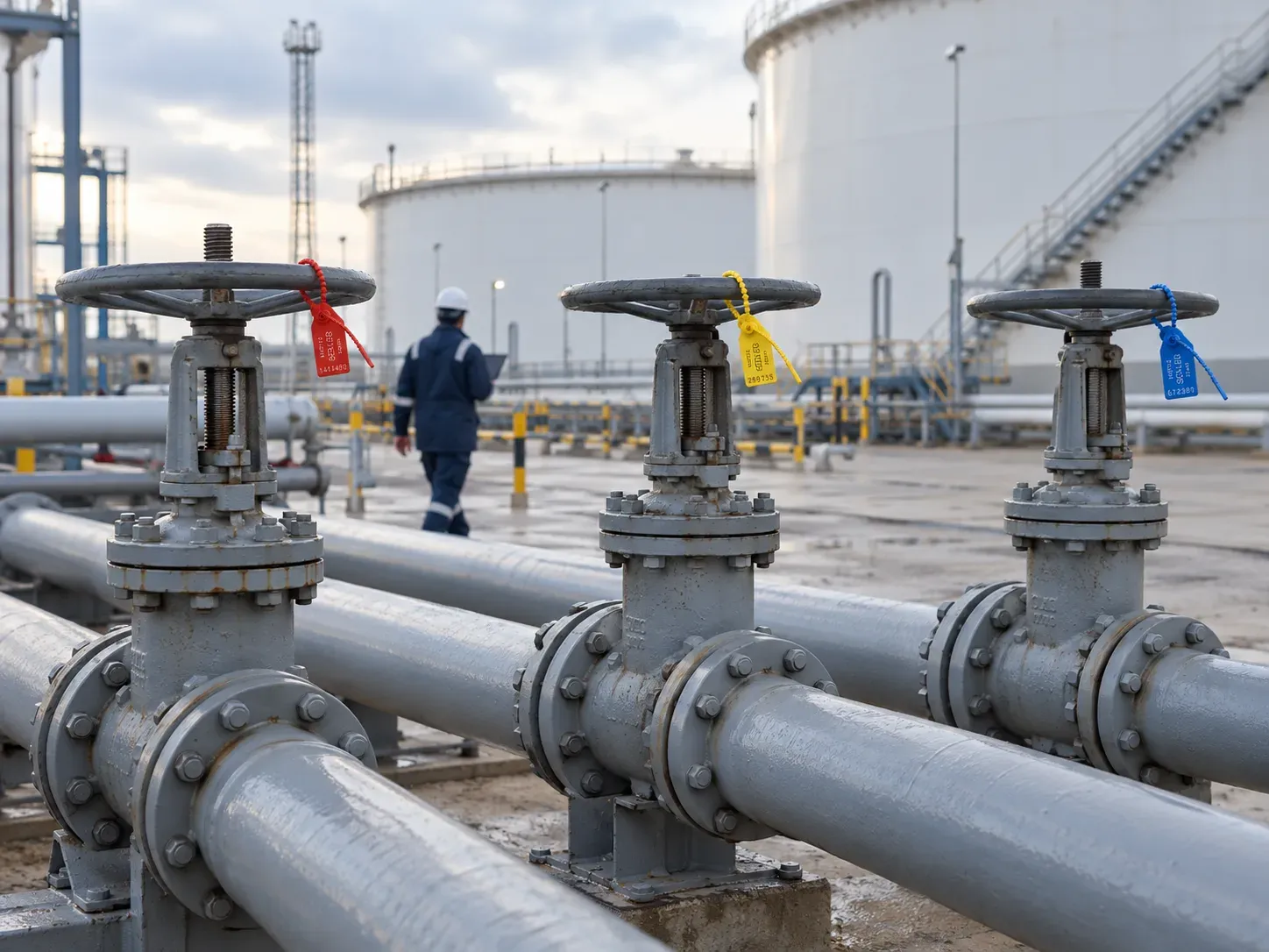 Red, yellow and blue pull-tight seals on the handwheels of three valves at a tank terminal.